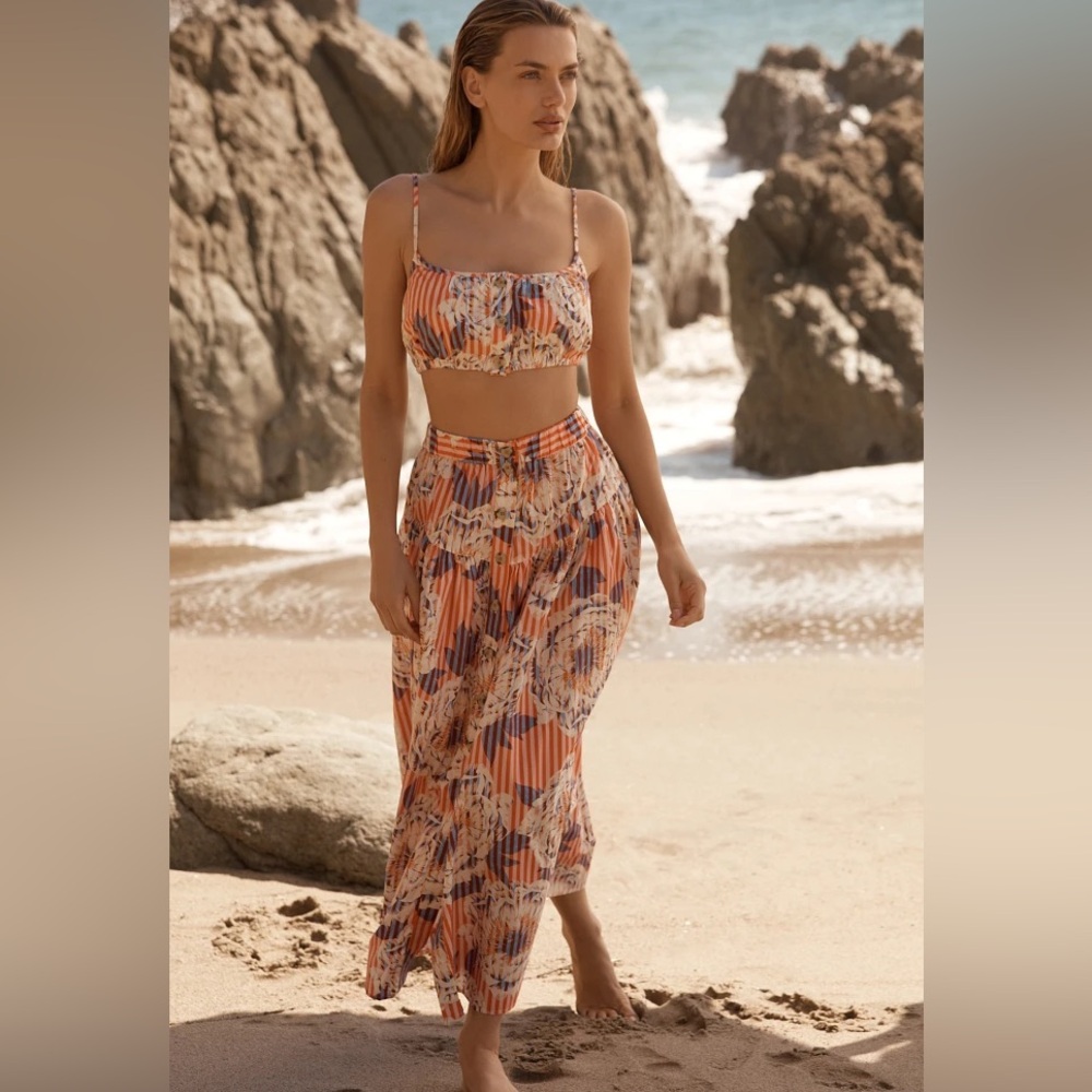 By Anthropologie striped floral skirt and crop top set